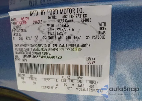 2009 Ford Explorer Xlt из США, поврежденный, VIN 1FMEU63E49UA40720